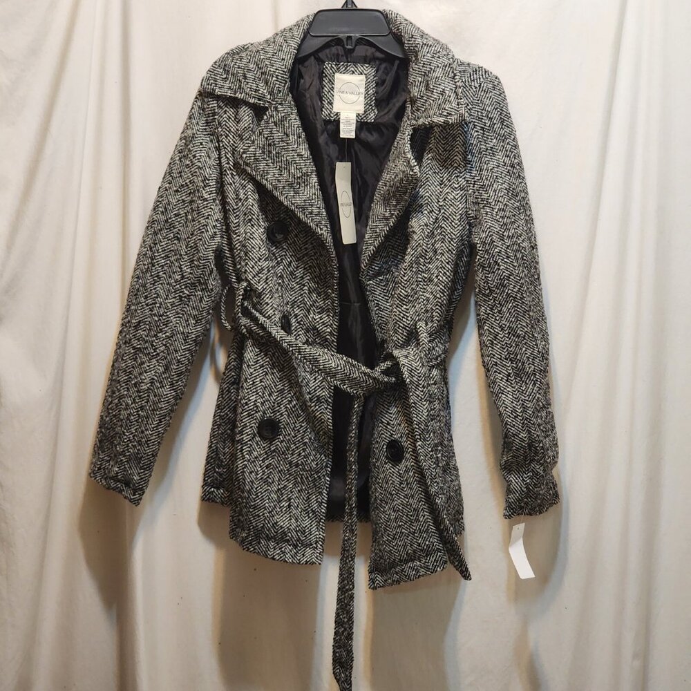 Vine & Valley Black White Herringbone Double Breasted Belted Coat L New